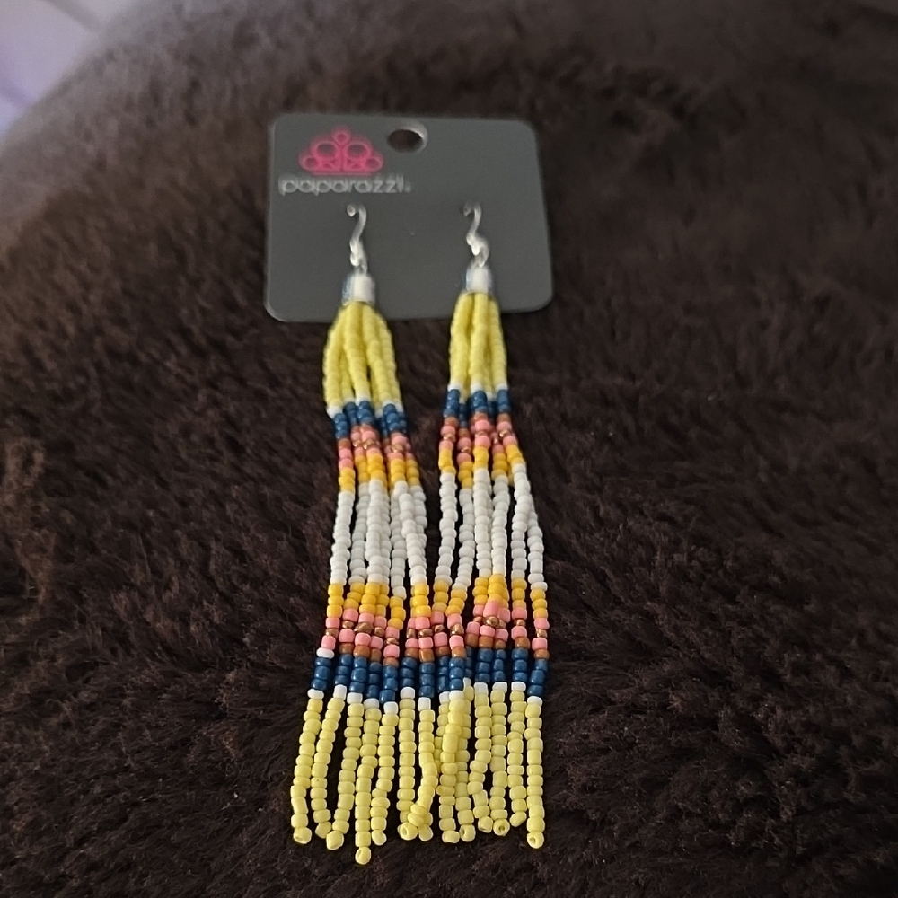 paparazzi Yellow White Navy Pink Seed Bead Fringe Earrings